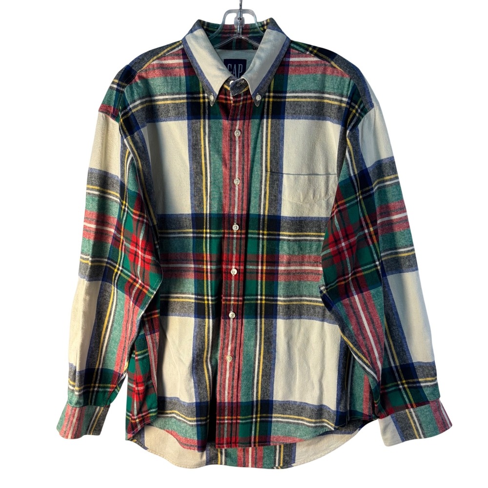 Vintage Gap Men Large Plaid Flannel Shirt Multi Color Heavy Cotton Button Down - Picture 2 of 10